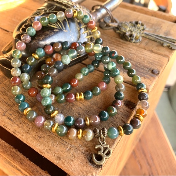 ✨INDIAN AGATE STONE BEAD MALA W/CHARM 6mm✨ - Picture 2 of 7